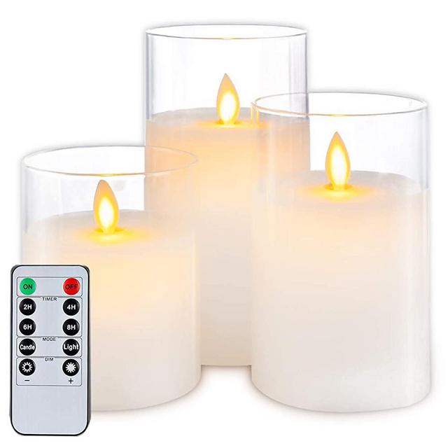 5plots Pure White Flickering Flameless Candles, Battery Operated Glass LED Pillar Candles with Remote Control and Timer, Moving Flame, Wax, Set of 3