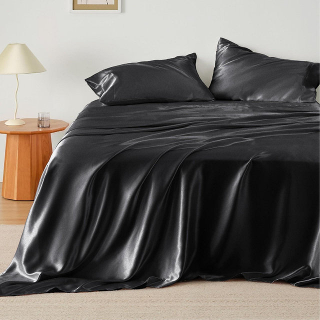 Bedsure | 4 Pcs Full Satin Sheets Set Similar to Silk Sheets Luxury & Ultra Soft, Non-Fading & Wrinkle Free Black