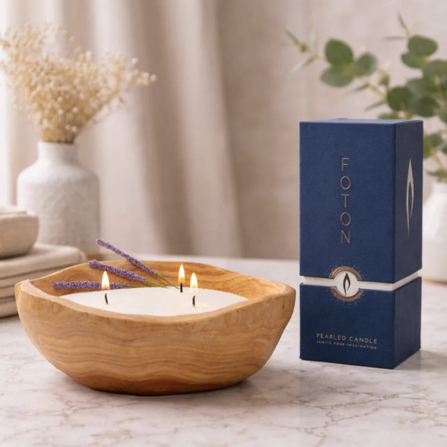 Foton Pearled Candle | Wood Bowl Gift Set - Scented White