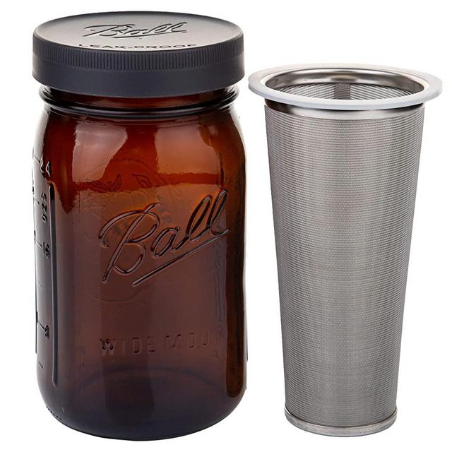 AMBER Ball Wide Mouth Jars 32 oz Cold Brew Mason Jar with Stainless Steel Filter and Wide Mouth Storage Lids, DIY Home and Work Brewing Equipment for Single Cup or Concentrated Infusion