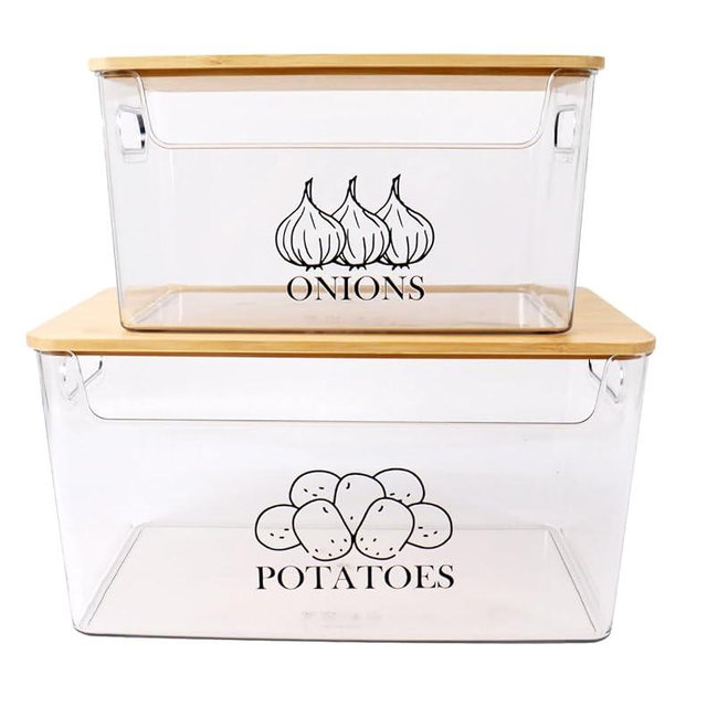 Xbopetda Potato Onion Storage, Potato Bin with Bamboo Lid, Transparent Acrylic Potato Container Onion Keeper, 2 Set Stackable Onion Storage, Pantry Kitchen Counter Organizer for Potatoes Onions-Clear