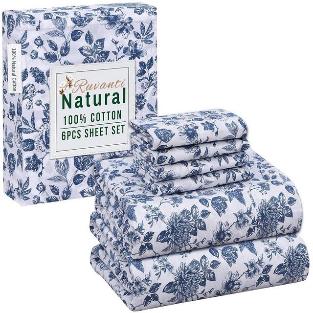 RUVANTI 6 Pcs Cotton Sheets - 100% Natural Cotton Soft, Lightweight & Breathable Crispy Percale Bed Sheets, Queen Sheet Set 16" Deep Pockets, Wild Flower