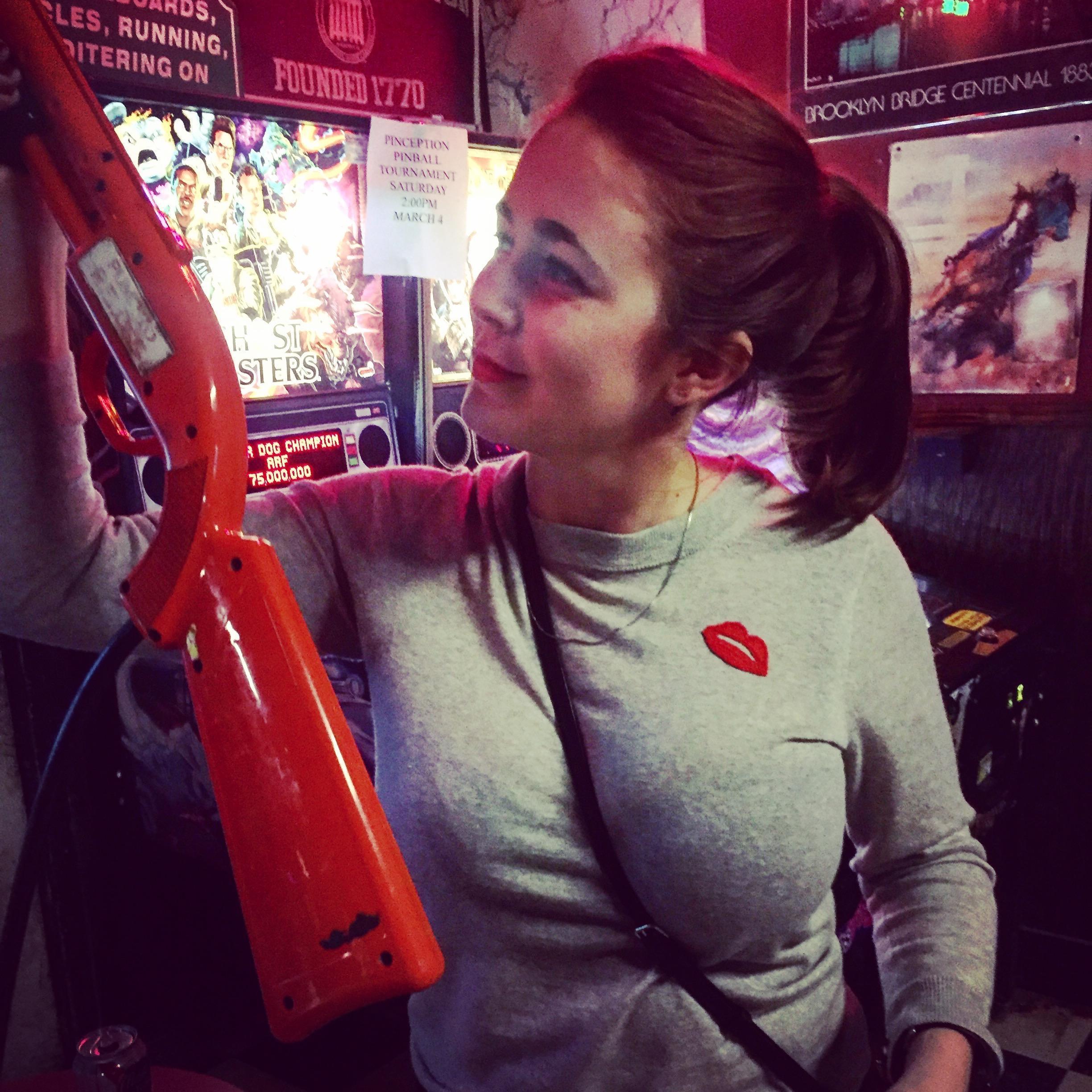 Can't keep this girl away from the Big Buck Hunter; Rec Room Charleston 2017