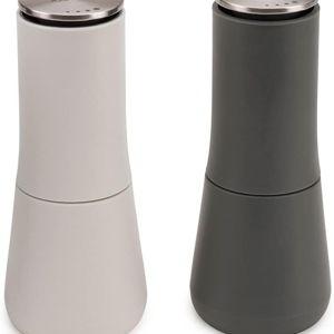 Joseph Joseph Milltop Non-Spill Salt and Pepper Mill 2-piece Set, Refillable with Ceramic Grinder, Adjustable Grinding Size, White/Dark Grey