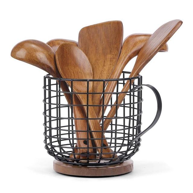 XCTFWKzK Kitchen Utensil Holder with Metal Handle, Utensil Holder for Countertop, Utensil Holder with Wooden Base, Cooking Utensil Holder, Kitchen Utensils Holder, Large.