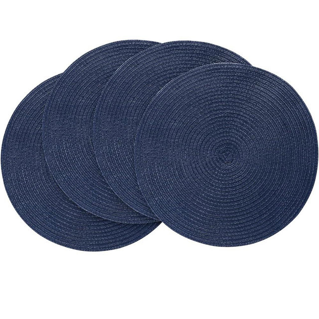 Floroom 15 Inch Round Braided Placemats Set of 4, Washable Heat Resistant Cotton Polyester Circle Place Mats for Kitchen Dining Table - Navy Blue