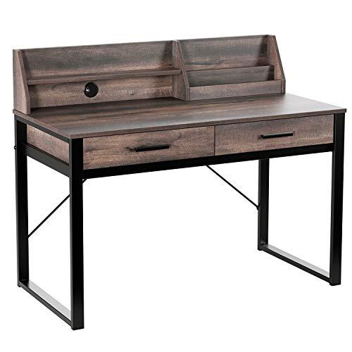 HOMECHO Writing Computer Desk Wooden Desktop Study Table Vintage Laptop Standing Desk with Storage Drawers and Shelves Wood and Metal Frame for Home Office Brown