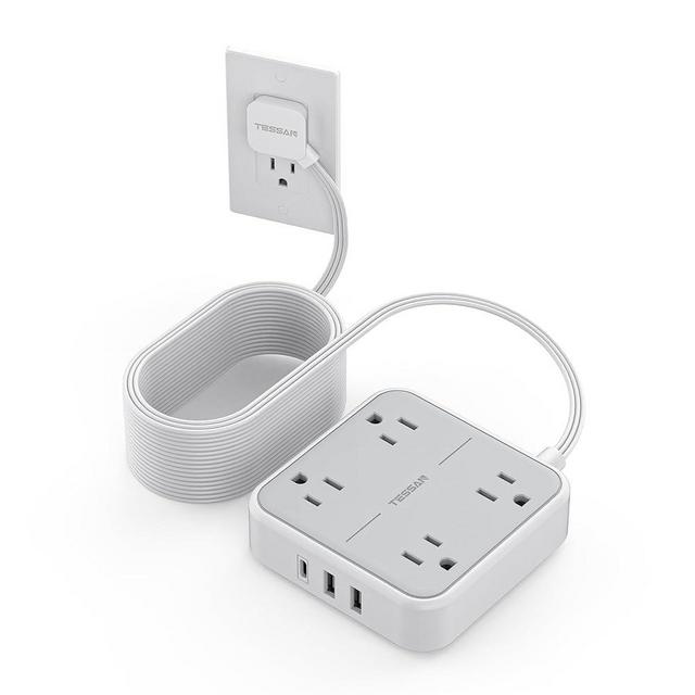Flat Plug Long Extension Cord 25 Ft, TESSAN Power Strip Surge Protector with 4 Outlets 3 USB Ports (1 USB C), Surge Protection Desktop Charging Station for Home, Office, Dorm Room Essentials