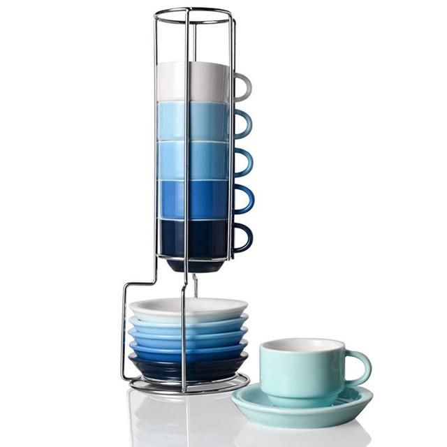 SWEEJAR Porcelain Espresso Cup & Saucer Set, Stackable Demitasse Cups with Metal Stand, 2.5 OZ for Latte,Coffee,Cafe Mocha,Tea, Set of 6
