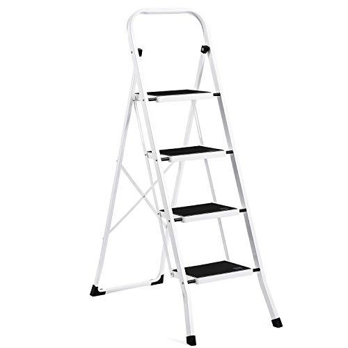 ACKO Folding 4 Step Ladder with Convenient Handgrip Anti-Slip Sturdy and Wide Pedal 330lbs Portable Steel Step Stool White and Black 4-Feet