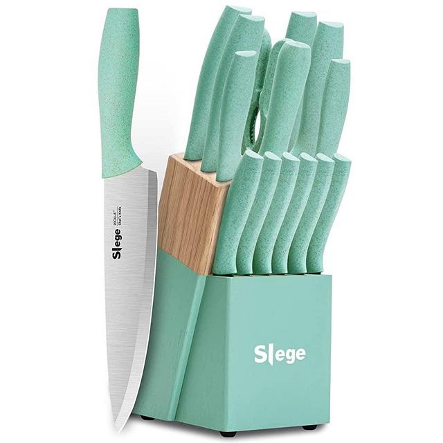 Knife Set, 15-piece Kitchen Knifes with Wooden Block, Professional Chef Knife Sets with Sharpener Scissors, Stainless Steel Sharp knives for Home, Green Wheat Straw Handle, Light