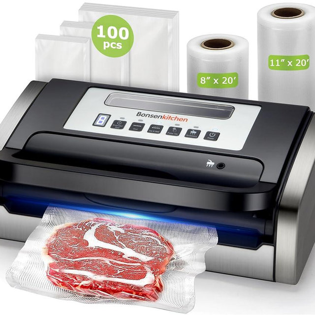 Bonsenkitchen Vacuum Sealer Machine, Powerful Low-Noise Food Vacuum Sealer for High-Speed Continuous Working, Handle Locked Design, Built-in Cutter, 2 Bag Rolls + 100 PCS Vacuum Bags