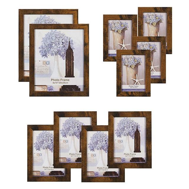 SONGMICS Picture Frames, Set of 10, Two 8 x 10 Inch, Four 5 x 7 Inch, Four 4 x 6 Inch, Collage Photo Frames, Clear Glass Front, Rustic Brown URPF010X01