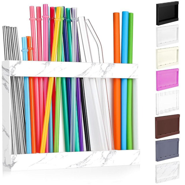 Qinyoung Acrylic Straw Holder with Double Sided Adhesive Tape Reusable Tumbler Straw Organizer Storage Container for Counter Cabinet Cupboard Kitchen (Marble Color)