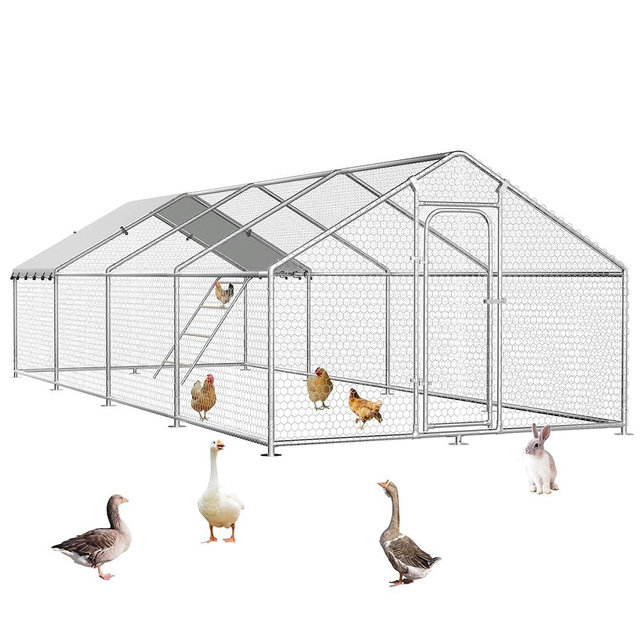 Large Metal Chicken Coop with Roosting Perch, Waterproof and UV Protection Cover, Chicken Run Outdoor Walk-in Cage Chicken Rabbit Duck Hen House for Yard Farm Use Spire Roof(10’ W x 26.2’ L x 6.4’ H)
