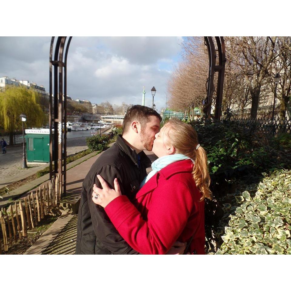 Our first walk in Paris. We found a cute park by the Siene. You can see the Bastille monument in the background. 
*Photo courtesy of Gerry