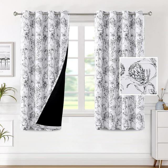 H.VERSAILTEX 100% Blackout Curtains for Living Room Camellia Floral Blackout Curtains 63 Inches Long Light Blocking Window Treatment Curtains with Black Liner Grommet Thermal Drapes, 2 Panels, Black