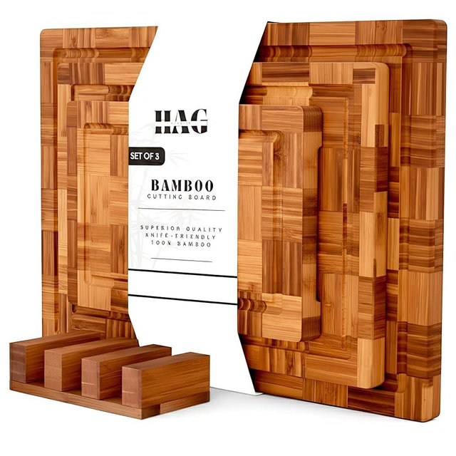 Bamboo Cutting Board Set of 3 in Large, XL and XXL Sizes, Heavy Duty Wooden Kitchen Boards, End Grain Butcher Block with Juice Groove, Durable Non-Slip Serving and Prep Boards
