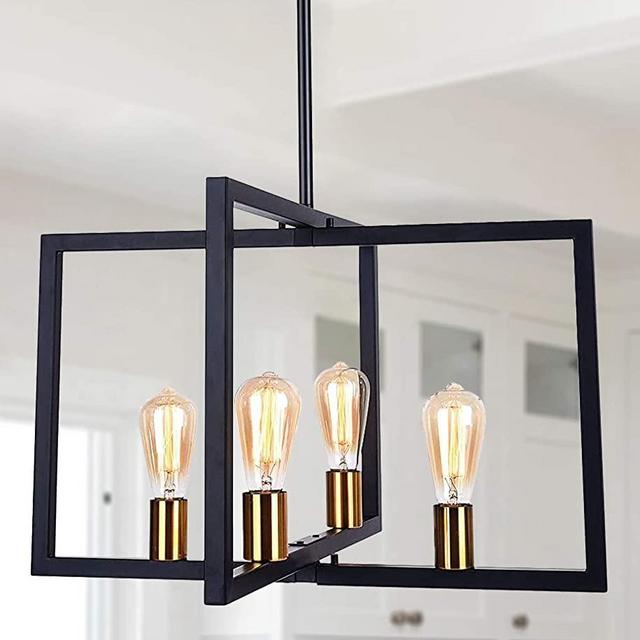 Lingkai Modern Chandelier Kitchen Island Lighting Fixtures, Rectangle Linear Pendant Light Fixtures Ceiling Hanging for Dining Room (Black, 4 Light)