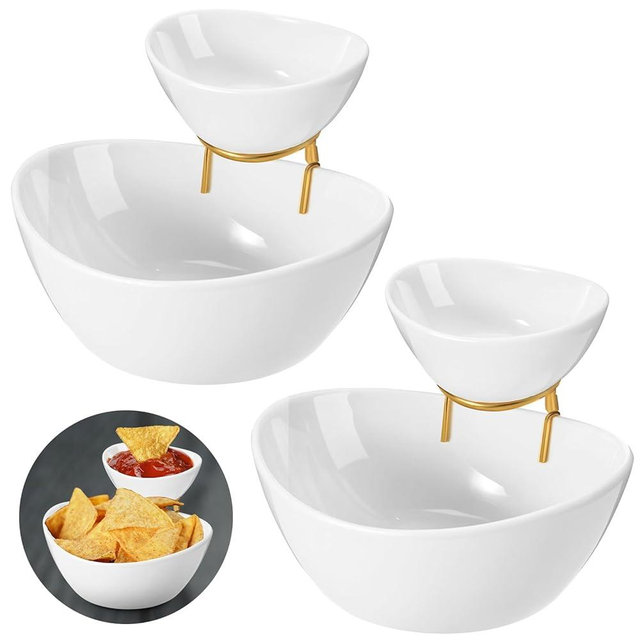 Singhoow 2 Set Chip and Dip Serving Set 2 Tier Chip and Dip Serving Dish Porcelain Appetizer Bowl and Platter with Stand for Food Taco Bar Salad Display Dessert Entertaining Party(Gold,Classic Style)