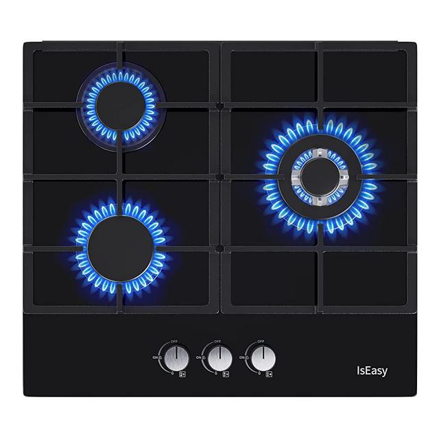 24" Built-in Gas Cooktop, 3 Burner Gas Stovetop, 24 Inch NG/LPG Convertible Natural Gas Propane Cooktops, 3 Burner Gas Stovetop With Thermocouple Protection, Black Tempered Glass-IsEasy