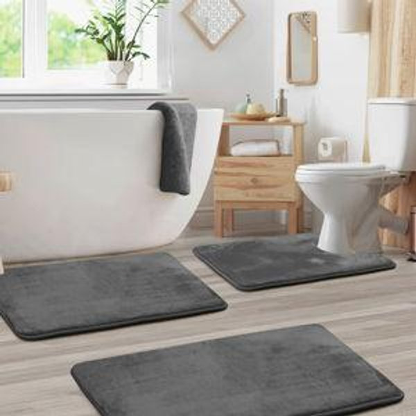Aighan 3 Piece Ultra Soft and Absorbent Memory Foam Bath Rug Set with Non-Slip Backing - Gray