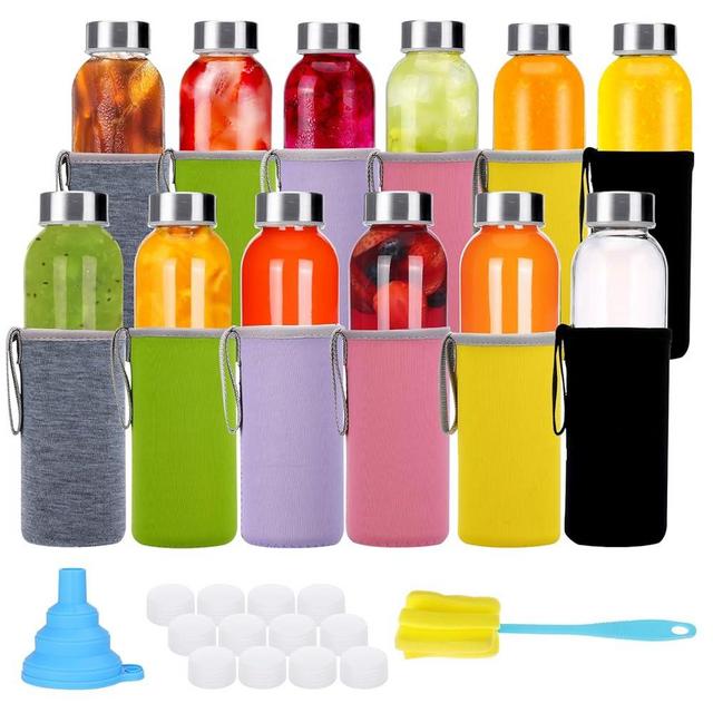 CUCUMI 12pcs 18oz Glass Water Bottles with Sleeves and Stainless Steel Lids, Reusable Glass Juice Bottles Bulk with Funnel, Stickers, Brush and Replaceable Caps for Storing Beverages Juice, Kombucha