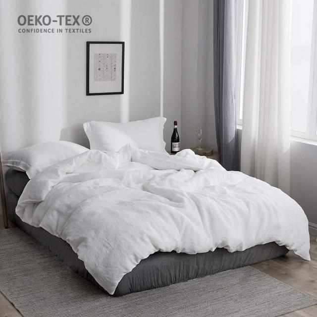 Simple&Opulence 100% Stone Washed Linen Solid Color Basic Style King Queen Twin Full Duvet Cover Sets (White, Queen)