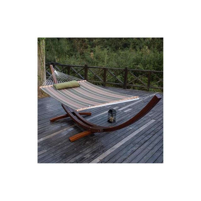 12' Quilted Fabric Double Hammock with Spreader Bar & Detachable Pillow - Green/Brown - Wedohome