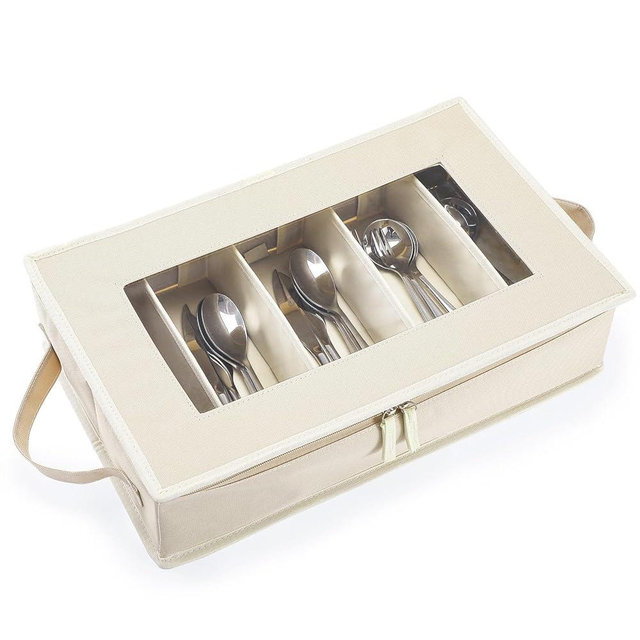 Flatware Utensil Storage Case, Silverware Storage Box Chest with Adjustable Dividers, Removable Cutlery Storage Holder with Zipper Lid for Organizing Spoon, Flatware, Knives (Large Capacity, Beige)