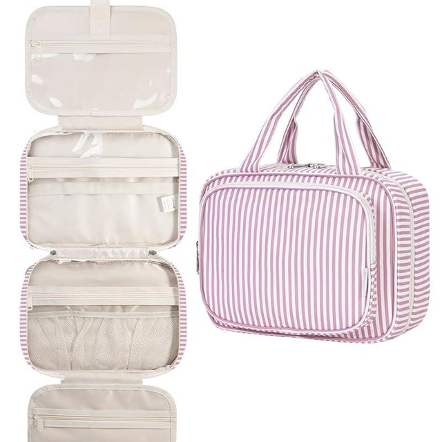 Narwey Striped Hanging Toiletry Bag for Women Travel Makeup Bag Organizer Toiletries Bag for Travel Size Essentials Accessories Cosmetics (Dusty Pink Stripe (Medium))