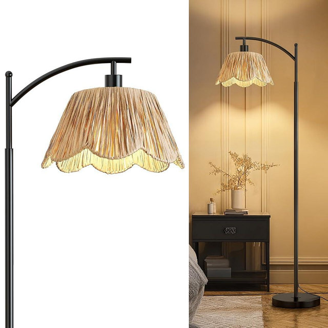 Oneach Arc Floor Lamp for Living Room,Rattan Boho Floor Lamp with Hand-Woven Shade, Foot Switch,Black Metal Base & Pole,Farmhouse Standing Lamp for Bedroom Corner,Reading