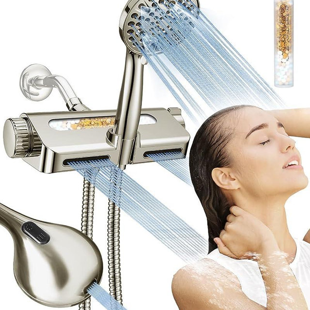 MakeFit Filtered Shower Head with Handheld Combo Brushed Nickel - Dual 2-in-1 Spa System with Massage Shower Head and 10 Modes Hand Held Shower Head, High Pressure, Buit in Power Wash Mode