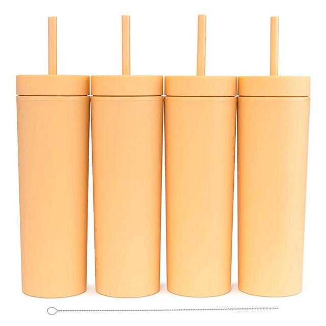 STRATA CUPS SKINNY TUMBLERS (4 pack) 16oz Matte Sunflower Colored Acrylic Tumblers with Lids and Straws | Double Wall Plastic Tumbler With Lid and Straw bulk Cold Reusable Cup