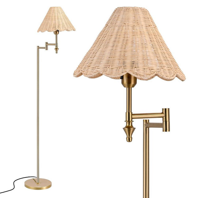 Folux Boho Rattan Floor Lamp with Swing Arm, Natural Standing Lamp with Adjustable 310° Arm, Hand Woven Shade and Gold Metal Frame, 63" Tall Reading Floor Lamp for Living Room Bedroom Reading Nook