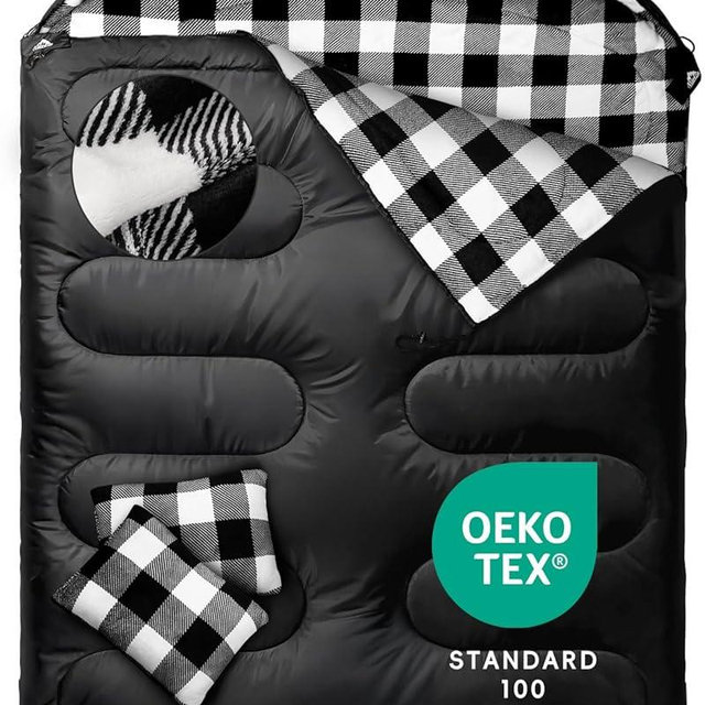 MEREZA Flannel Double Sleeping Bag for Adults Cold Weather, XL Queen Size Sleeping Bag for All Season 2 Person Big and Tall Sleeping Bags for Camping 0 Degree with Pillow