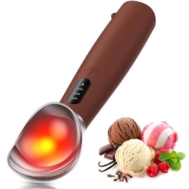 Ice Cream Scooper - Heated Ice Cream Scoop Rechargeable for 3-Temperatures (120°F/140°F/160°F), One-Piece Zinc Alloy Design for Hard Ice Cream and Frozen Desserts - Brown