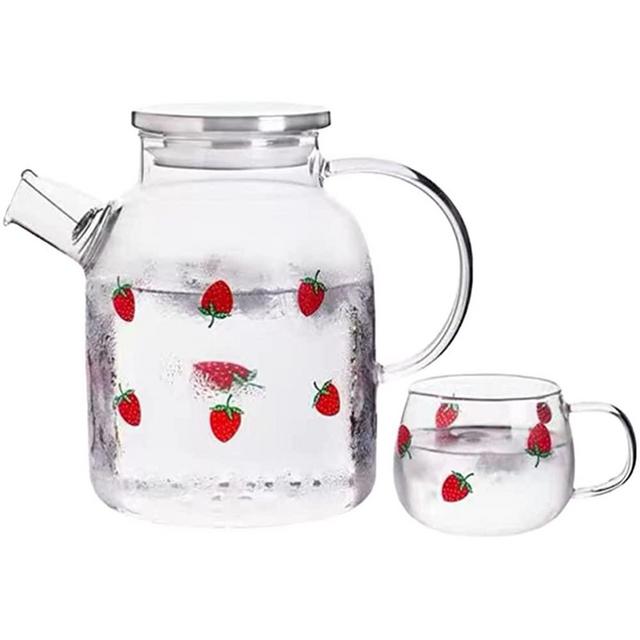 GANAZONO Hot Cocoa Bar Supplies Glass Pitcher Set Strawberry Cute Beverage Pitcher Milk Pitcher Night Bedside Water Pitcher with Cup for Hot Cold Water Coffee Iced Tea 1.6 L Glass Water Bottles