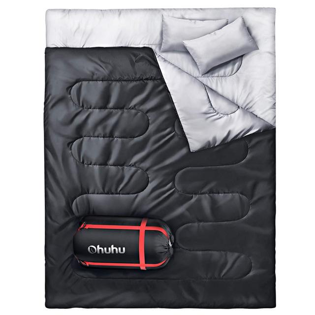 Ohuhu Double Sleeping Bag with 2 Pillows, Waterproof Lightweight 2 Person Adults Sleeping Bag for Camping, Backpacking, Hiking, Bonus Carrying Bag, Black