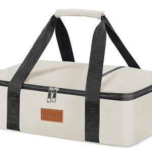 Insulated Casserole Carrier Fits 9"X13" Dish, Insulated Casserole Carry Bag for Hot or Cold Food, for Travel/Picnic/Party, Beige Single Layer, Durable Nylon with Zip Pockets, Leak-Proof