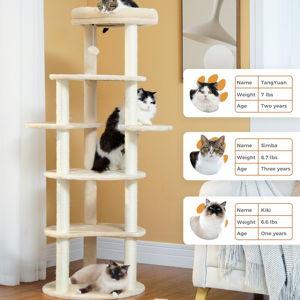 61" Cat Tree for Indoor Cats, [6-Levels] Cat Climbing Tower with 9 Sisal Scratching Posts and Replacable Dangling Ball &Top Perch, Beige