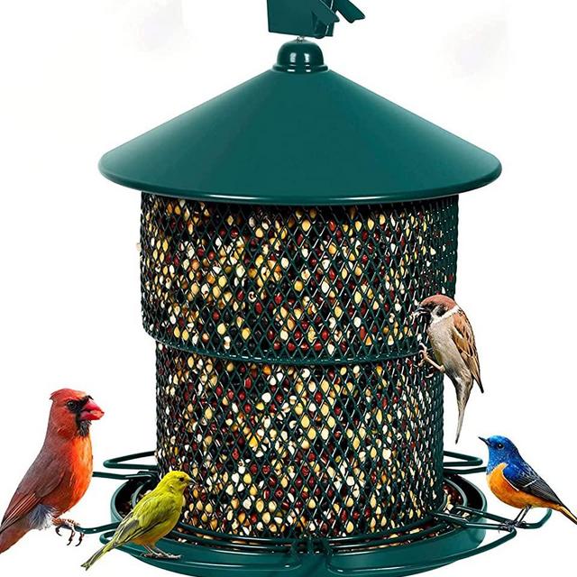 Mosloly Retractable Bird Feeder, Metal Bird Feeders for Wild Birds, 6 Metal Perches, Hanging Panorama Grid Bird Feeder Squirrel Proof, 7-Pound Seed Capacity, Garden Decoration, Attracts Birds(Green)