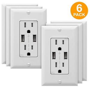 TOPGREENER TU2153A USB Outlets, 3.1A USB Outlet, USB Wall Outlet, USB Charger Outlet, Dual USB Charger with 15A Tamper Resistant Duplex Receptacle, 6-Pack, White