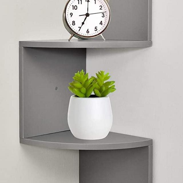 Greenco Zigzag 2 Tier Corner Floating Shelves, Gray Finish.