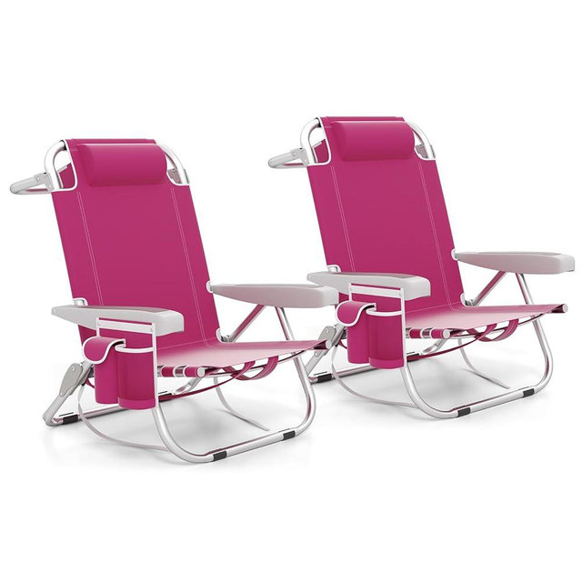 Giantex 2-Pack Beach Chair, Foldable Backpack Chair with 5 Adjustable Position, Cup Holder, Storage Pockets, Straps, Towel Rack, Pillow, 330lbs Aluminum Lay Flat Chairs for Outdoor Camping Chair, Pink