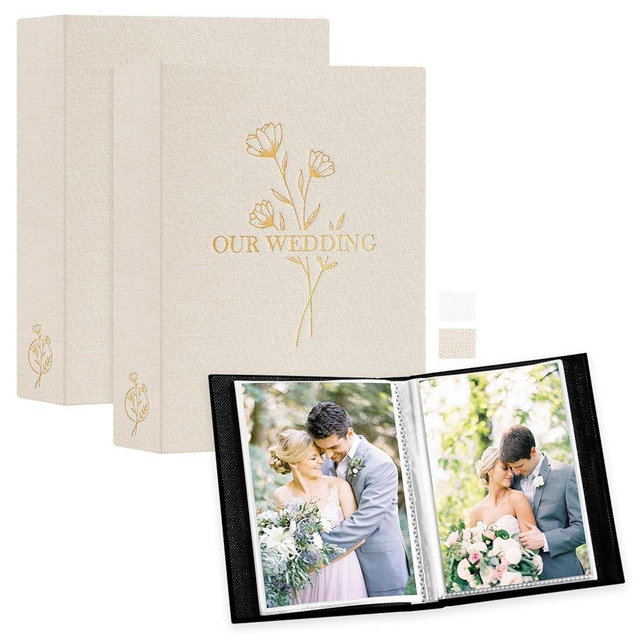 Lanpn Wedding Photo Album 5x7 2 Packs, Each Pack holds 50 Pictures, Slip in Pockets Mini Linen Top Loading Wedding Photo Albums for Portrait Only 5 x 7 Picture (Flower, Beige)