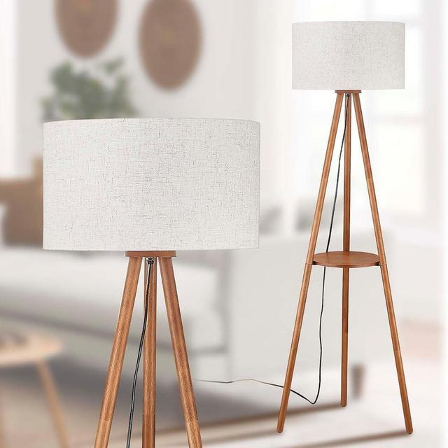 Baobab Tree Park Wood Tripod Floor Lamp with Shelves,Linen Shade Boho Farmhouse Wooden Floor lamp for Living Room, with Three Color temparature Bulb Included,footswitch,ETL Listed/Brown Wood Color