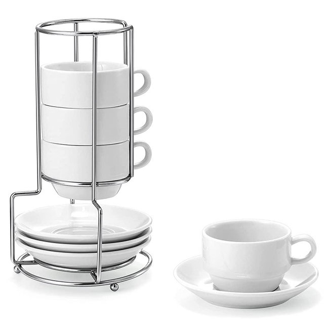 Yedio Porcelain 8 oz Espresso Cups with Saucers and Metal Stand, Porcelain Stackable Cappuccino Cups with Metal Stand, White, Set of 4