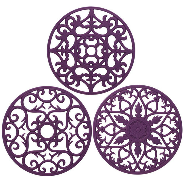 ME.FAN 3 Set Silicone Multi-Use Intricately Carved Trivet Mat - Insulated Flexible Durable Non Slip Coasters (Purple)