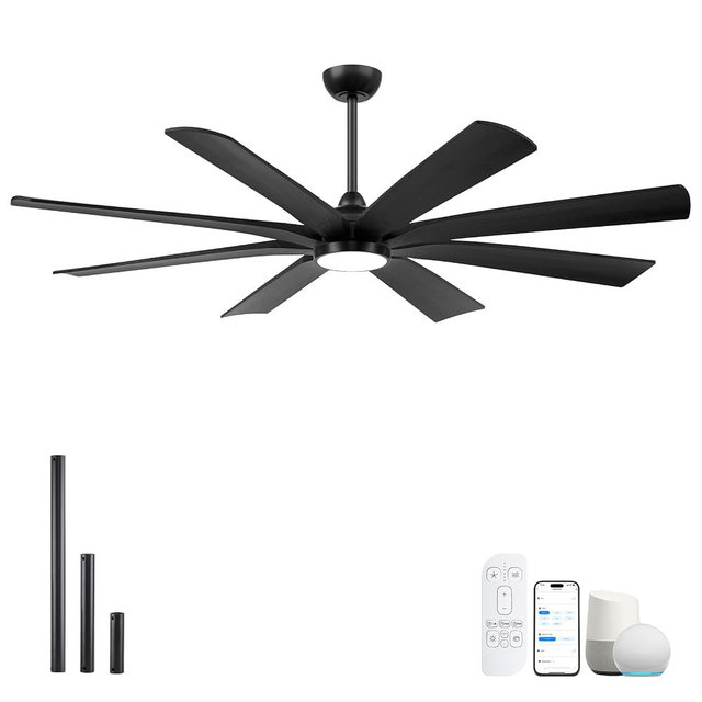 65 inch Smart Ceiling Fan with Light, 8 Black Solid Wood Blades, High CFM | Indoor Remote/Alexa/App Control, Quiet Reversible DC Motor, Modern Farmhouse, for Villas High-end Living Room & Large Space